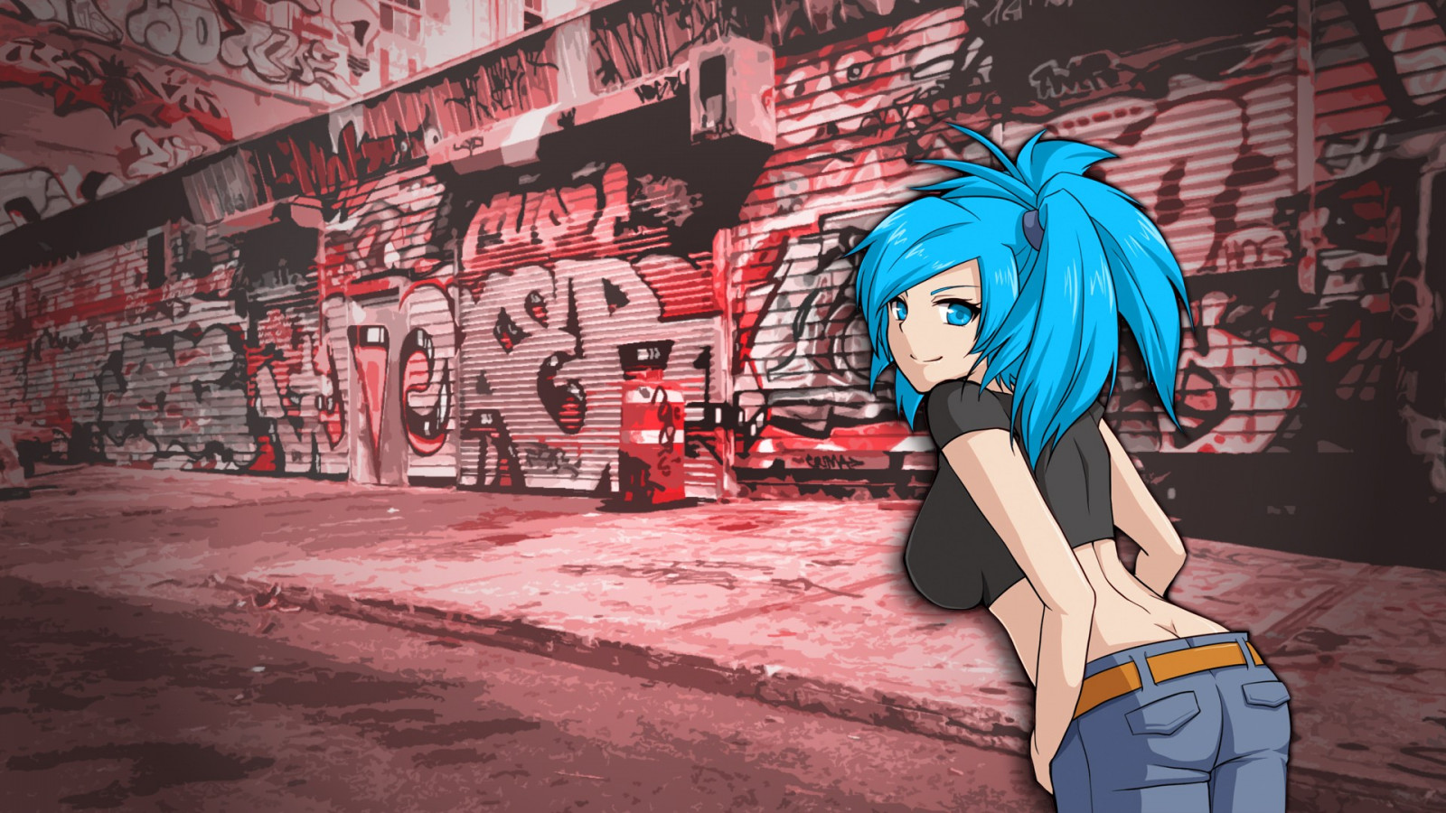 calle, Anime, Chicas anime, pelo azul, rojo, pintada, historietas, ropa, ART, color, captura de pantalla