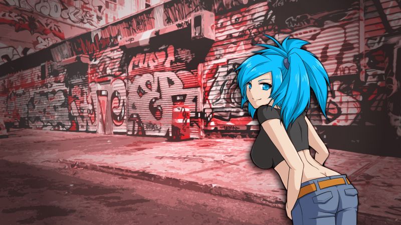 ulice, anime, anime dívky, Červené, modré vlasy, grafiti ulice, anime, anime dívky, Červené, modré vlasy, grafiti