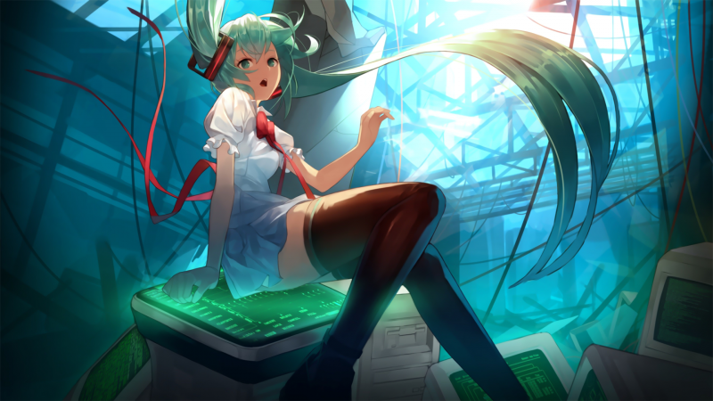 ilustrace, anime, Vocaloid, Hatsune Miku, Pod vodou, punčochy ilustrace, anime, Vocaloid, Hatsune Miku, Pod vodou, punčochy