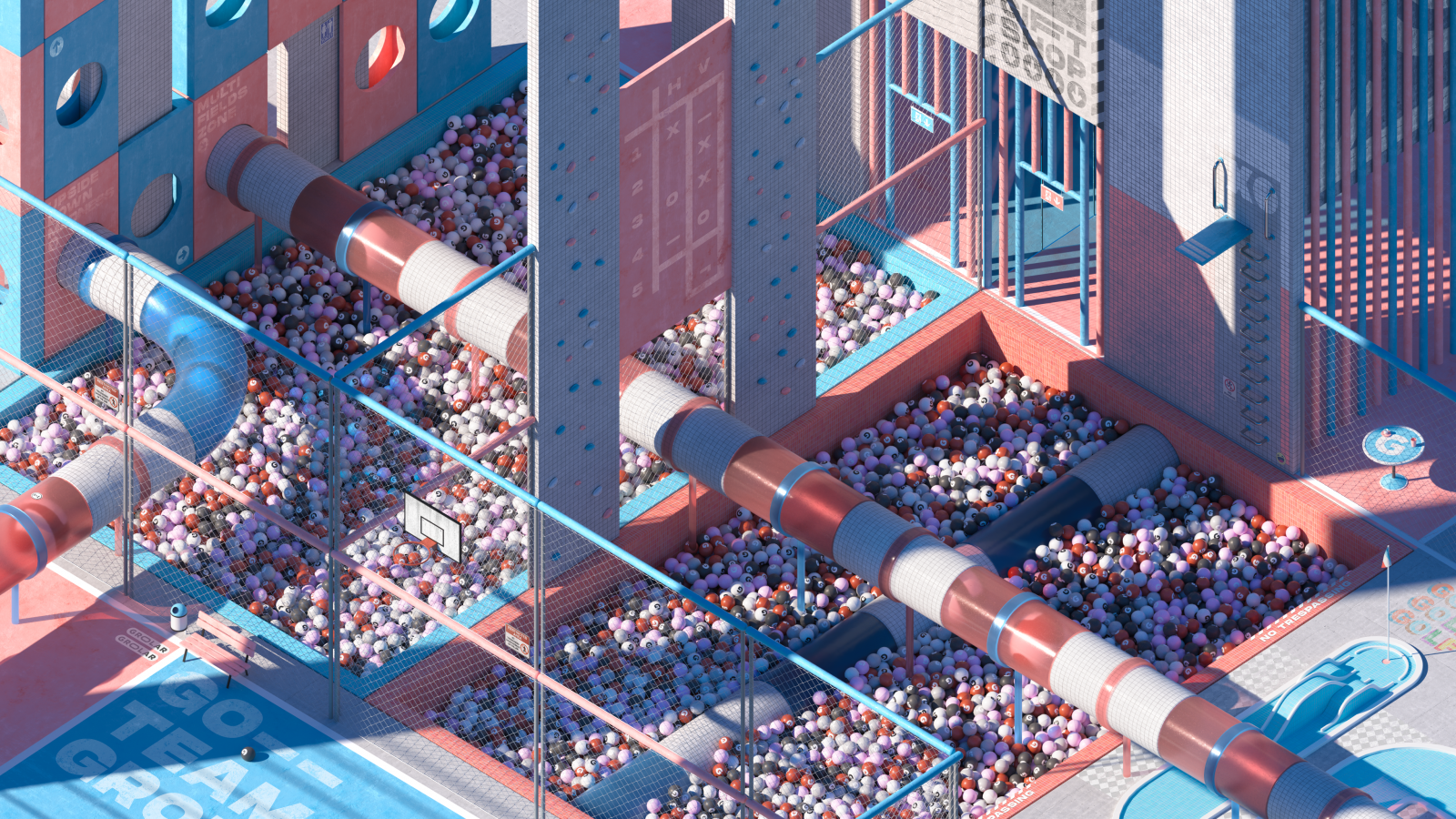 digitální, digitální umění, umělecká díla, poskytnout, 3D, životní prostředí, hřiště, venku, nadreálný, ilustrace, architektura, golf, Pool balls