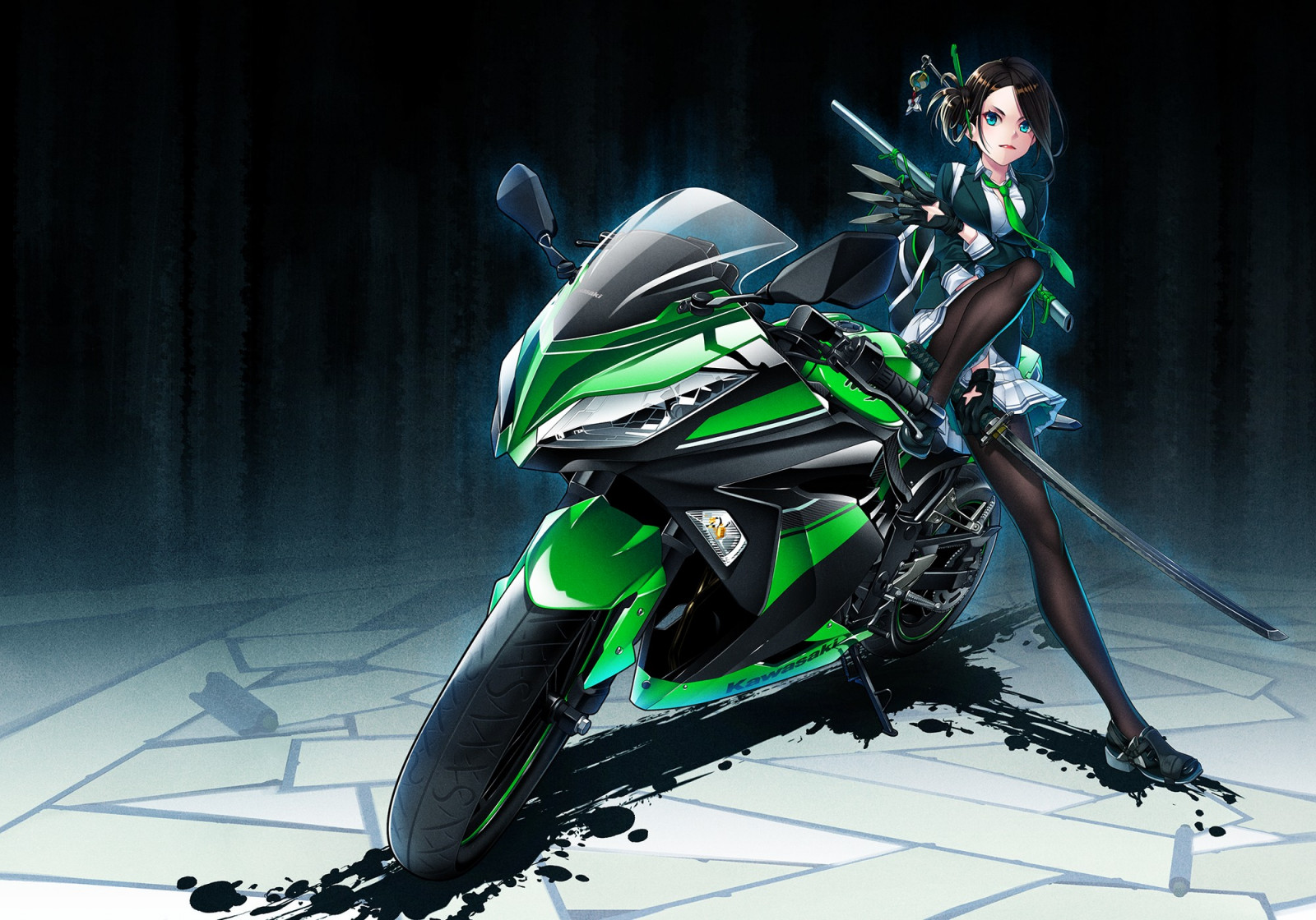 anime, anime dívky, krátké vlasy, motocykl, vozidlo, zbraň, punčochy, katana, sukně, meč, aqua oči, závodění, Kawasaki, motorsport, motocyklové, kaskadérství, automobil make, freestyle motocross, motocyklové závody