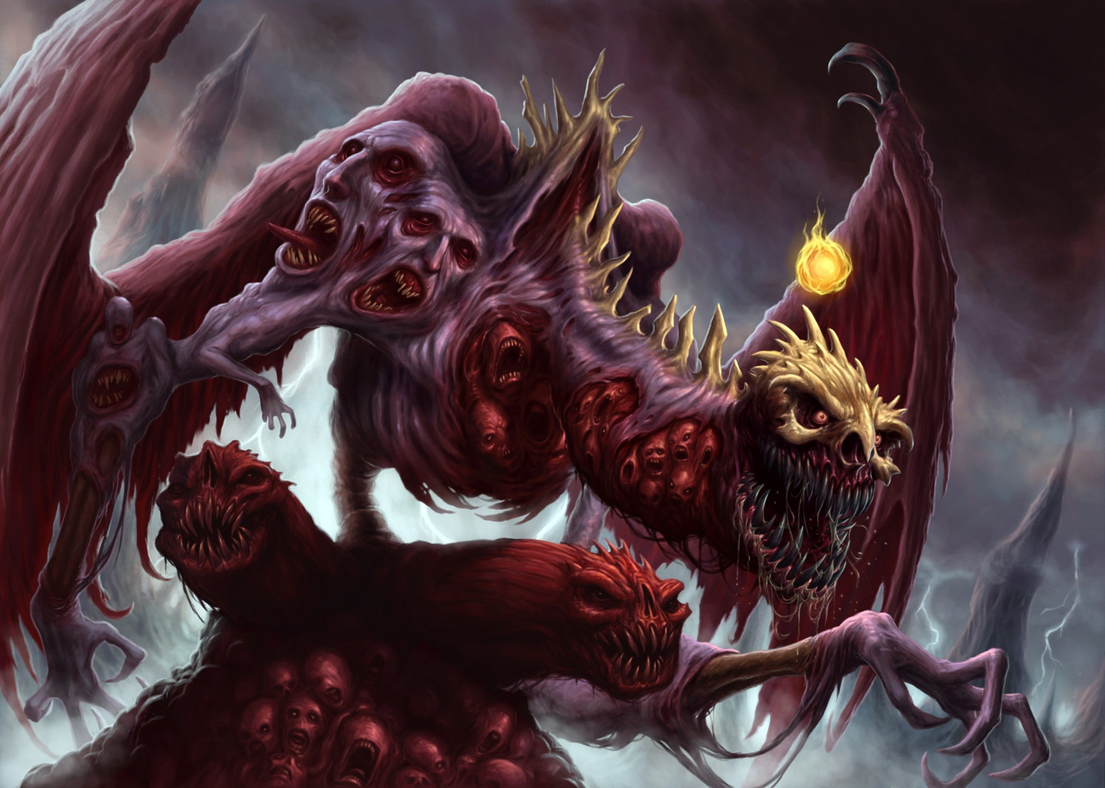 ilustrace, digitální umění, fantasy umění, temný, stvoření, křídla, nadreálný, drak, lebka, zuby, démon, mytologie, ohnivé koule, Snímek obrazovky, fiktivní postava, mýtické zvíře, 3000x2140 px