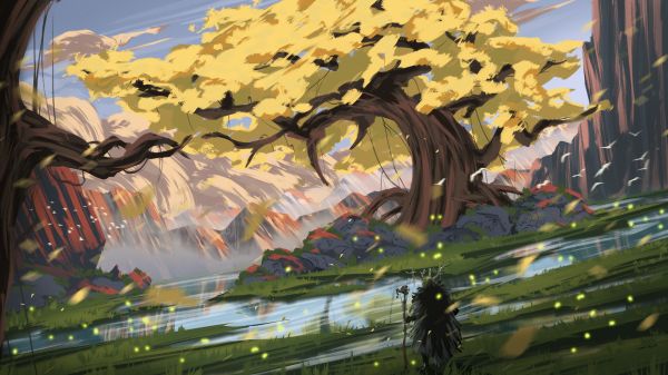 Christopher Guenard,fantasy art,digital art,trees,druids,birds