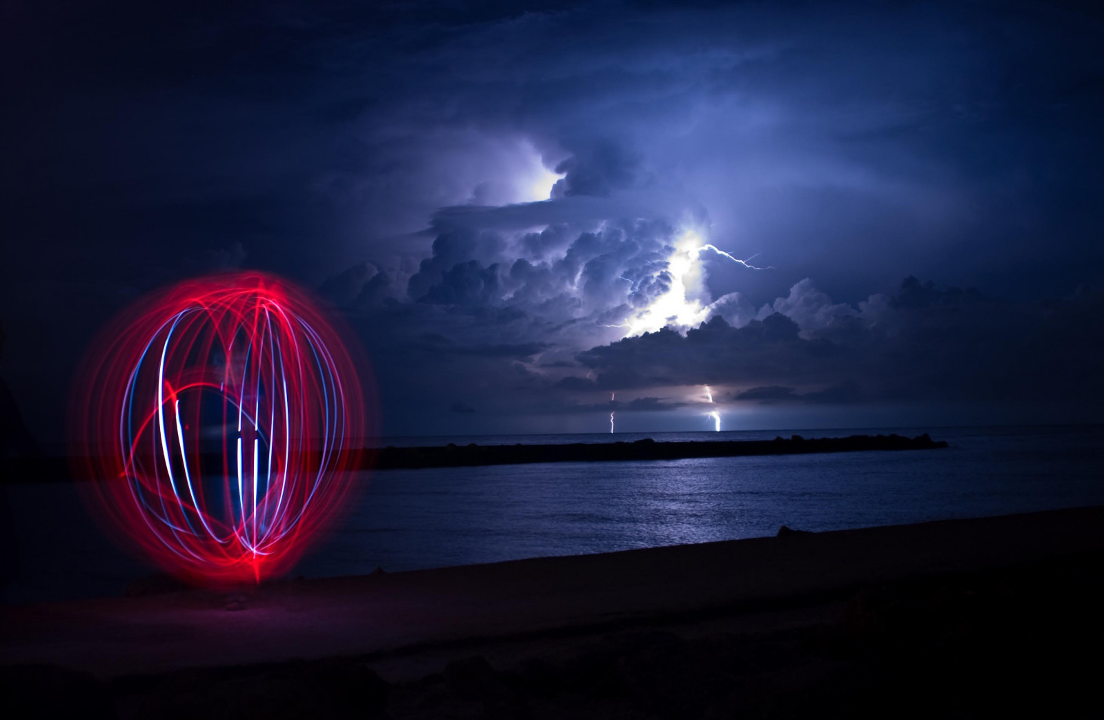 Wallpaper sea, night, red, reflection, sky, calm, lightning, wind