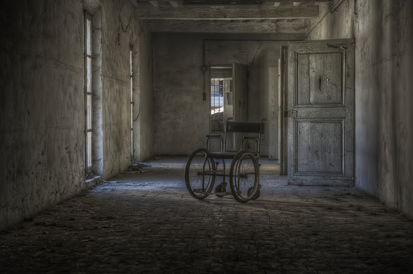 okno, opuštěný, stěna, židle, rozklad, urbex, světlo, tma, azyl, fasáda, manicomio, zuřivý