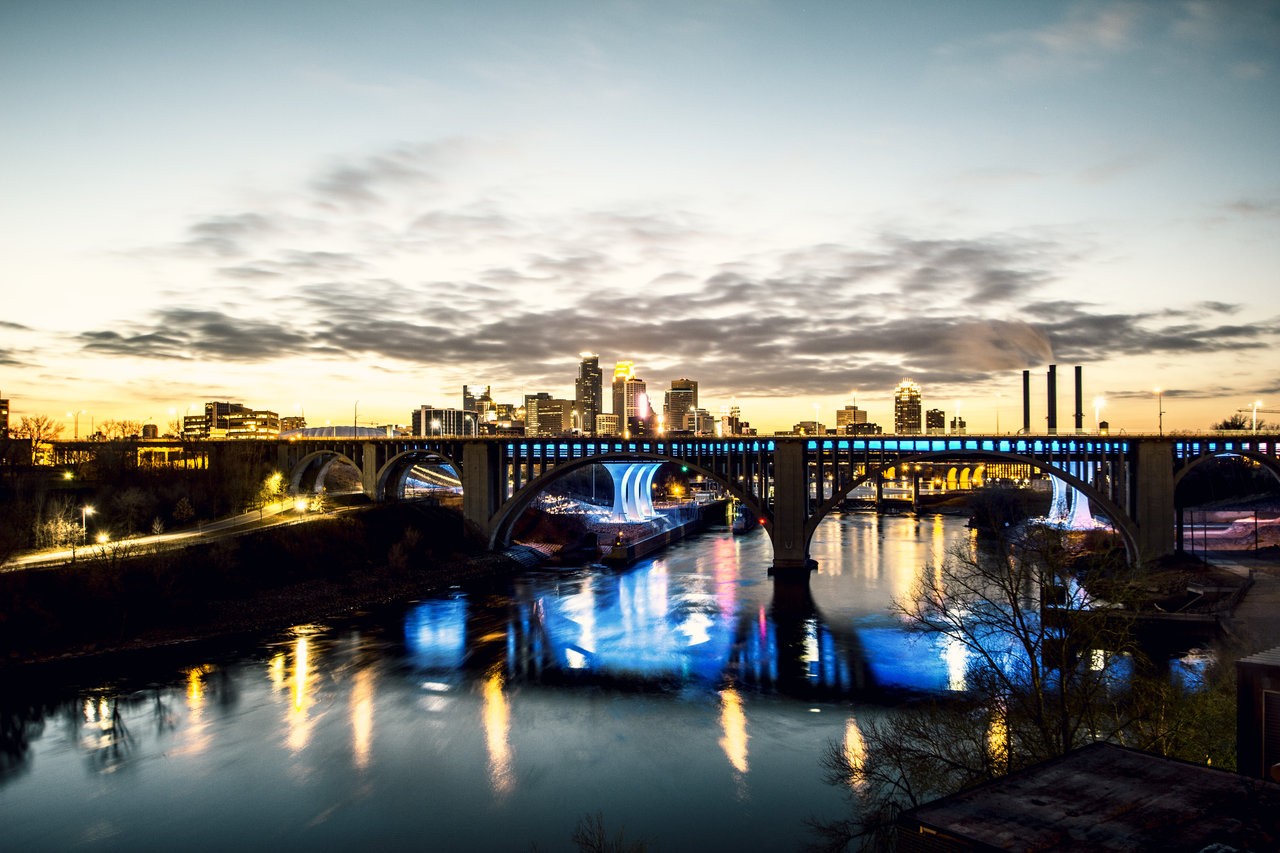 zonsondergang, stad, stadsgezicht, nacht, water, reflectie, avond, ochtend-, brug, rivier-, Verenigde Staten van Amerika, boog, dok, schemer, Stedelijk gebied, waterweg