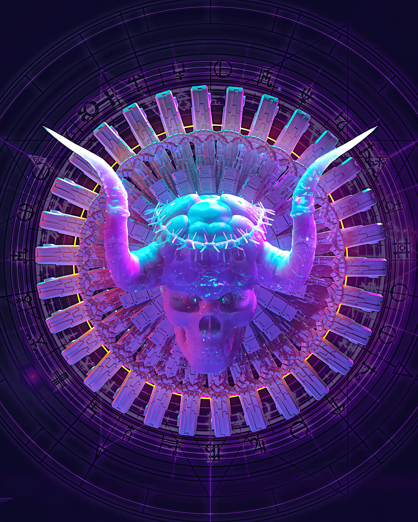 neon, lebka, růžky, digitální umění, koruna