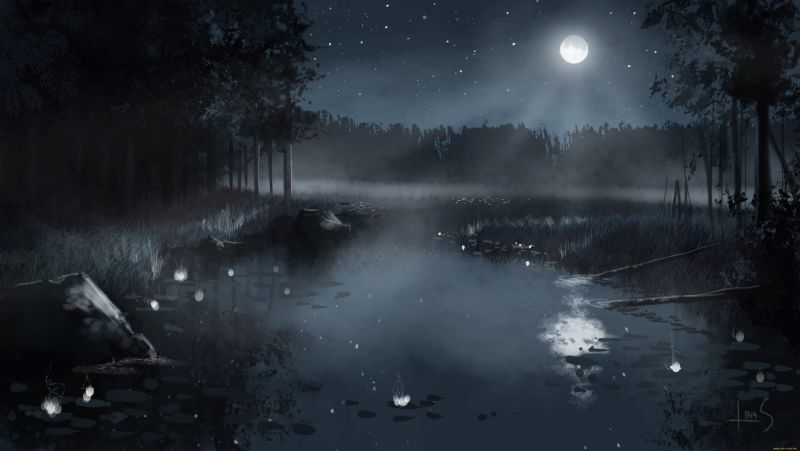 slunečnímu záření, fantasy umění, odraz, Měsíc, noc, mlha slunečnímu záření, fantasy umění, odraz, Měsíc, noc, mlha