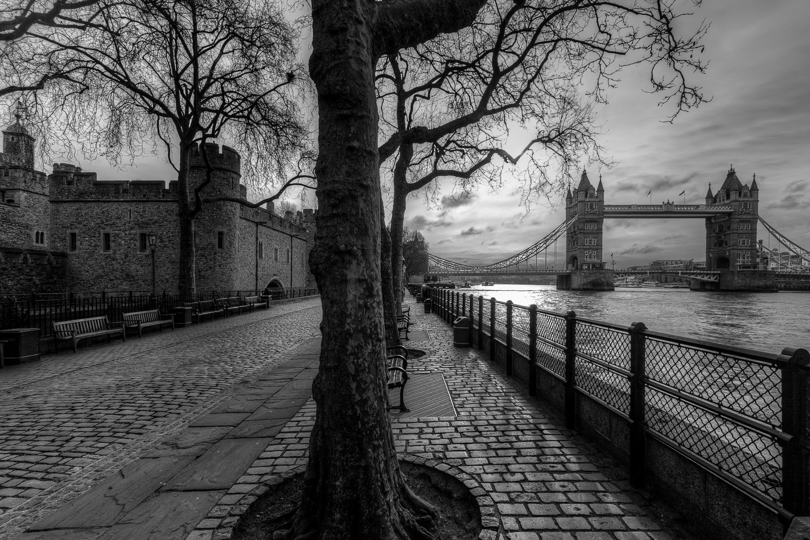 stromy, krajina, Londýn, černobílý, ulice, architektura, voda, budova, odraz, nebe, zima, silnice, fotografování, větev, Anglie, večer, ráno, hrad, most, řeka, dějiny, Kánon, HDR, město, Spojené království, mrak, strom, rostlina, tělesné, Černá bílá, budovy, břeh řeky, věž, promenáda, mezník, Spojené království, pruh, eos40d, canoneos40d, Temže, Černý a bílý, monochromatické fotografování, dřevina, londýnský Tower, Towerbridge, historicbuildings