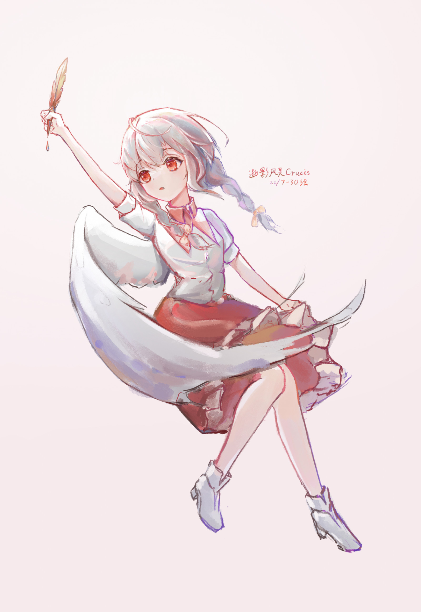 warma, anime dívky, vertikální, jednoduché pozadí, minimalismus, křídla, Pletené pásy, peří, japonský