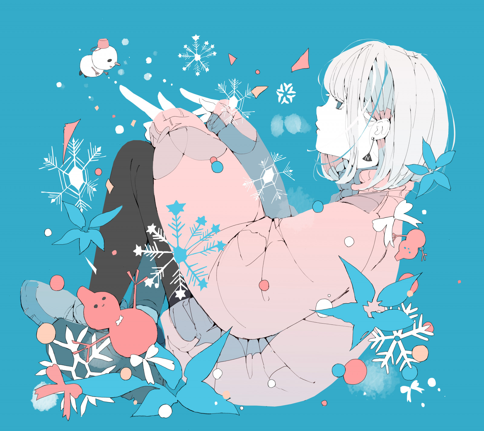 anime, anime dívky, Pixiv, sněhové vločky, modrém pozadí, jednoduché pozadí, minimalismus, náušnice