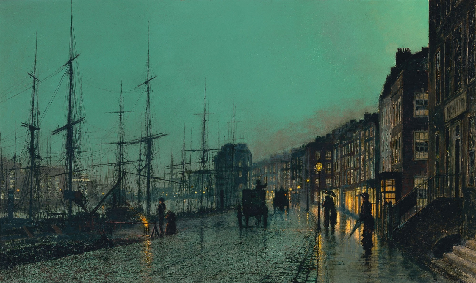 John Atkinson Grimshaw, panoráma města, vozidlo, večer, počasí, stožár, atmosférický jev, vodní