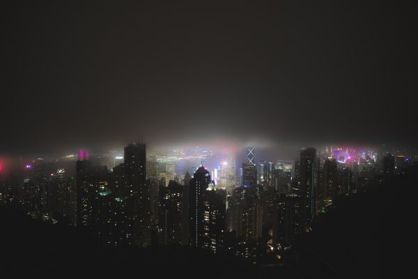 city, cityscape, night, neon, Hong Kong, reflection