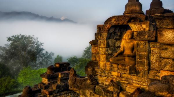 Trey Ratcliff,photography,Buddha,architecture,mist,trees