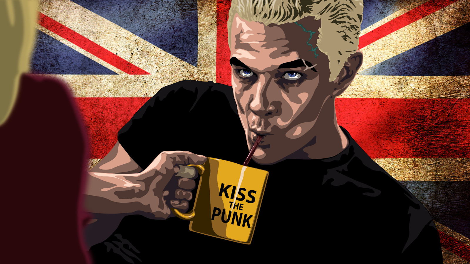 Illustration, Flagge, Tassen, Vampire, Spike Charakter, Buffy the Vampire Slayer, KUNST, 8000x4500 px, Computer-Tapete, erfundener Charakter, Fiktion, Gesichtsbehaarung
