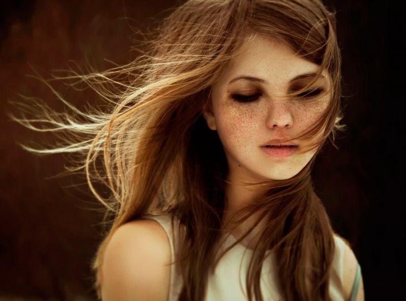 twarz, kobiety, Model, portret, długie włosy, zamknięte oczy