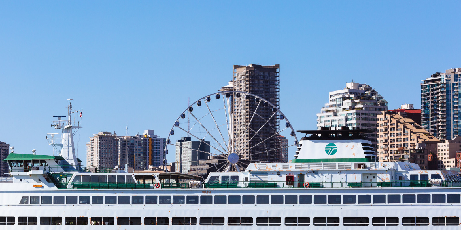 Seattle, město, trajekt, budovy, washington, centrum, modrá obloha, Pacific Northwest, Space Needle, greatwheel, canon135mmf2lusm, canoneos5dmarkiii