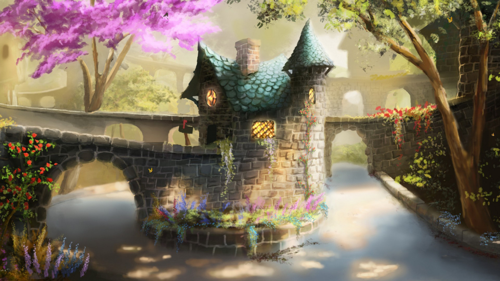Wallpaper 1920x1080 px, ART, bridge, flowers, house, painting, river
