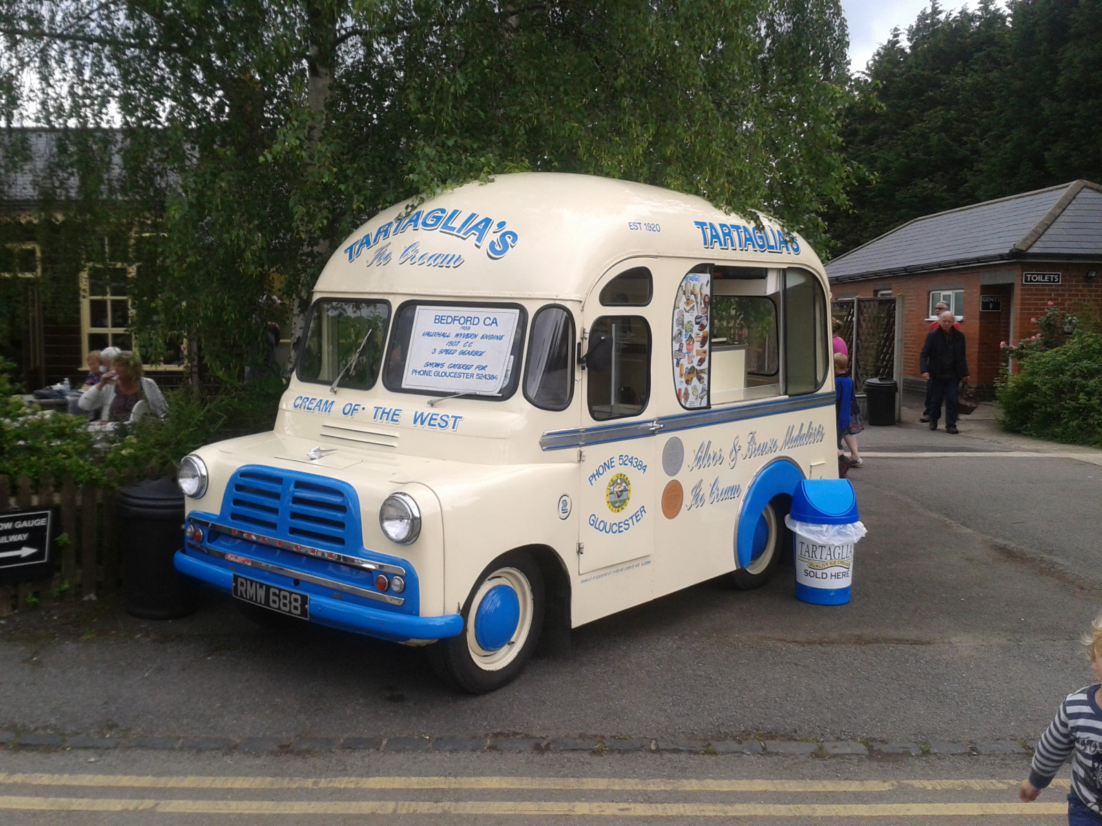 vecchio, blu, bianca, albero, classico, ghiaccio, bedford, Crema, Gloucestershire, retrò, furgone, Tartaglias
