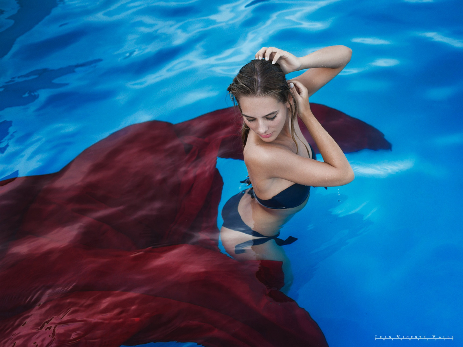 black bikinis, ass, top view, swimming pool, wet hair, wet body, water, brunette, women