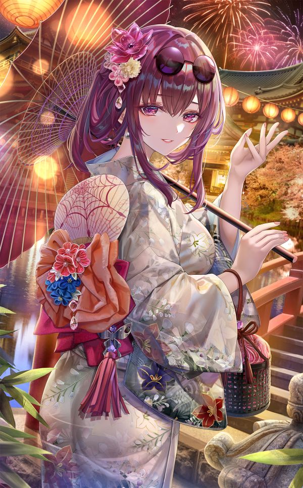 anime girls, sunglasses, Torino Akua, fireworks, portrait display, looking back
