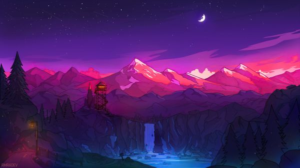 artwork,digital art,nature,mountains,waterfall