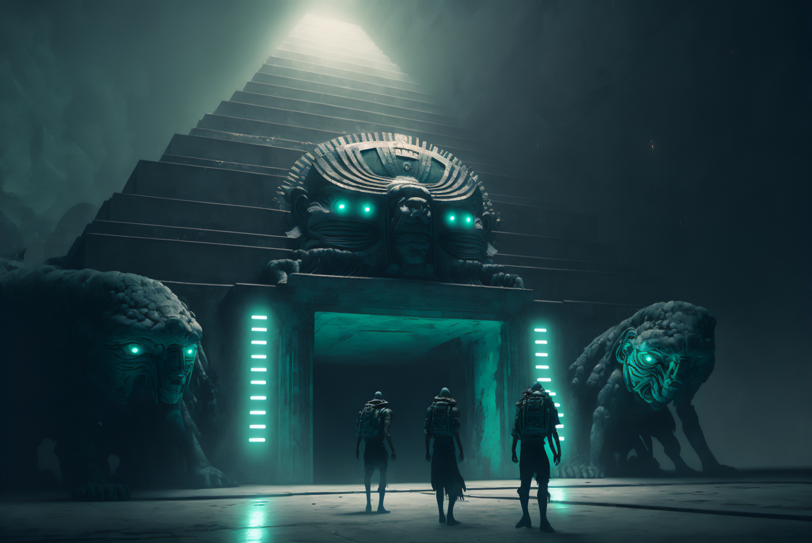 ai art, Maya civilizace, cyberpunk, ilustrace, sci-fi, fantasy umění, pyramida