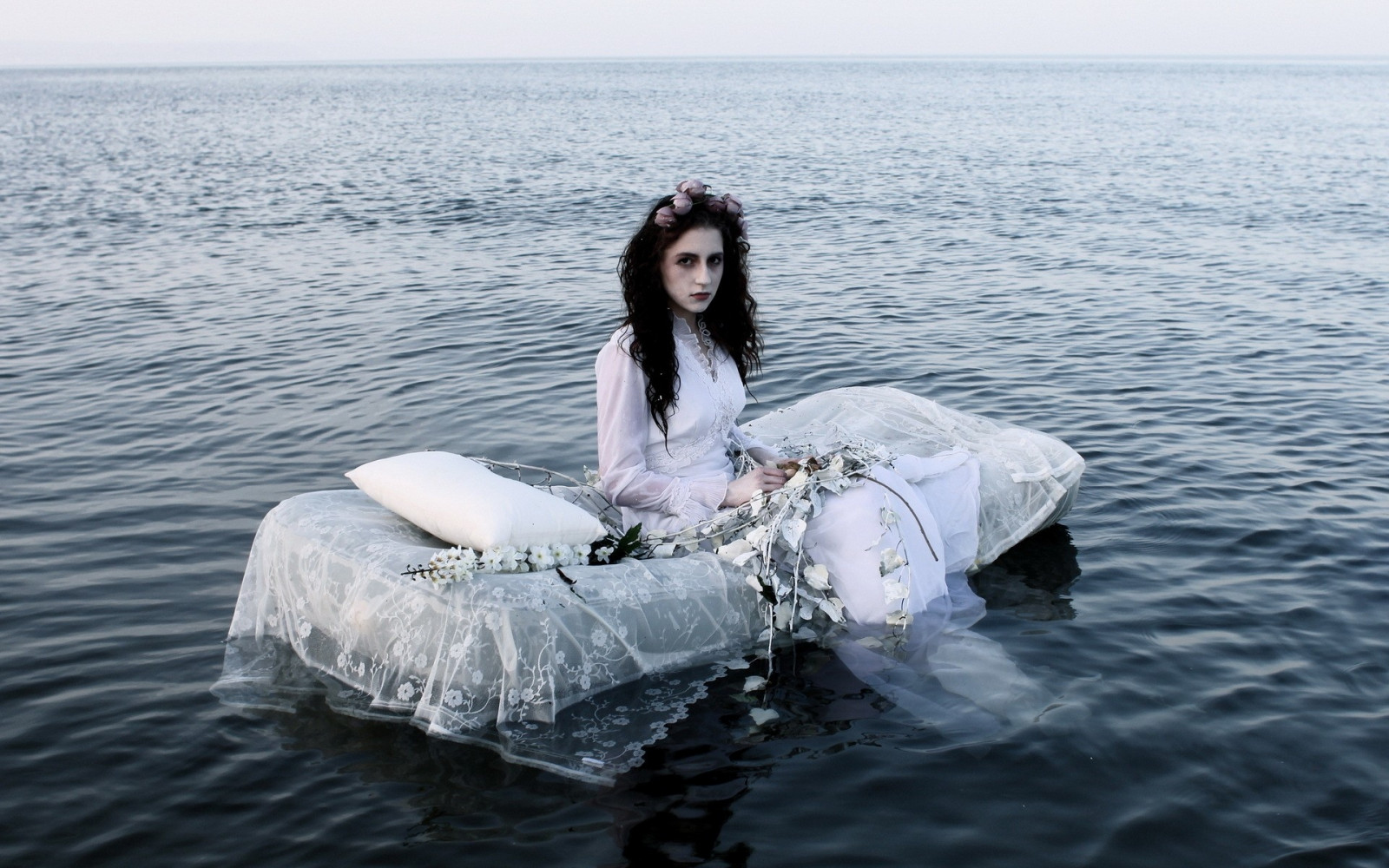 dívka, bruneta, voda, plavat, ženich, obraz, temný