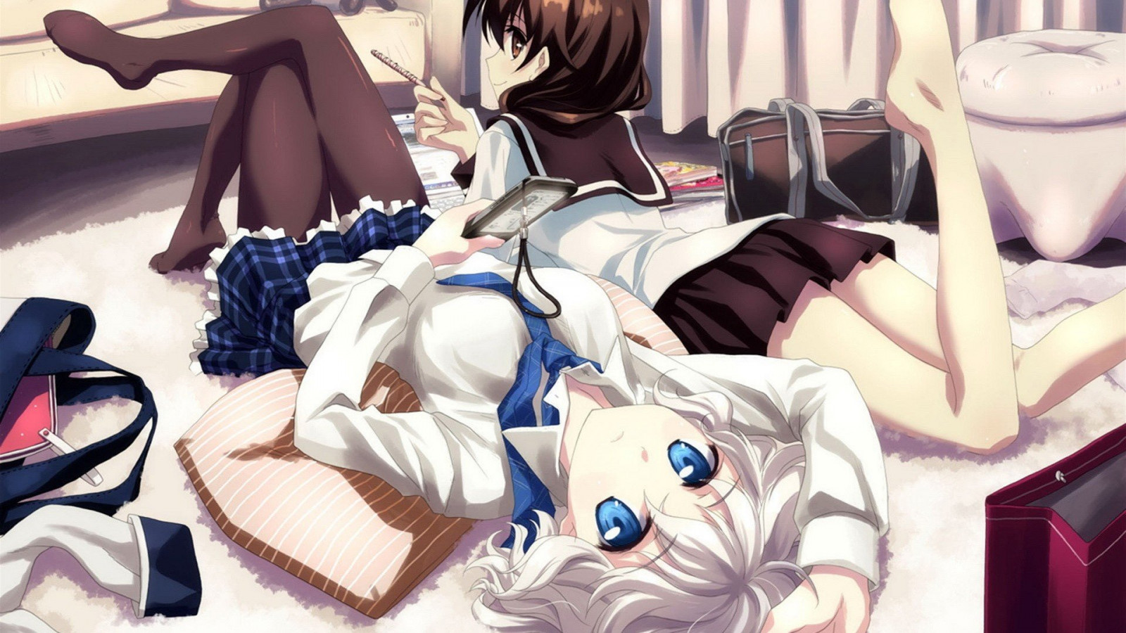 1920x1080 px, anime, blu, brune, personaggi, occhi, ragazze, capelli, originale, marinaio, scuola, Tatsuya, uniformi, bianca, Yuuki