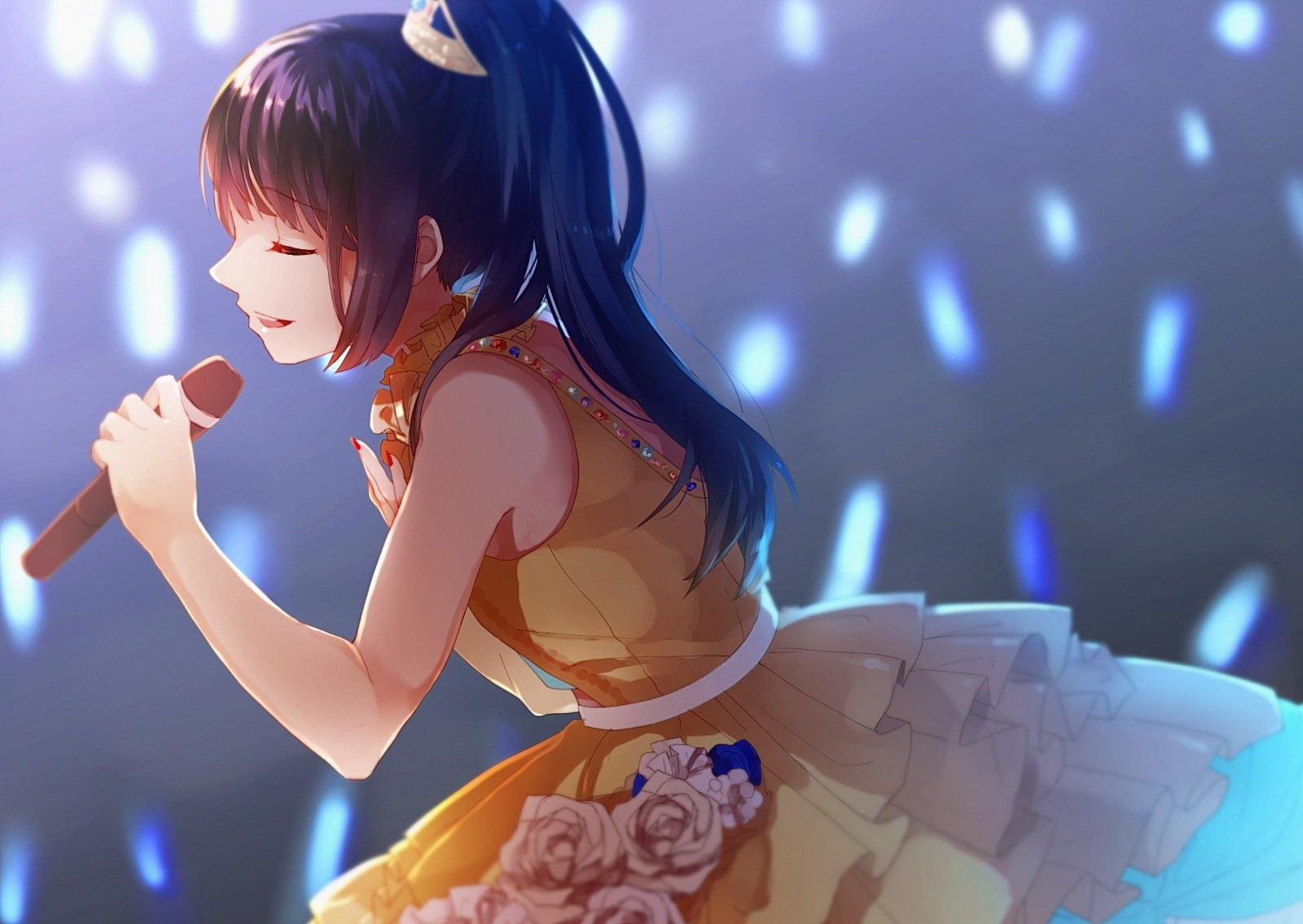 dlouhé vlasy, anime, anime dívky, šaty, černé vlasy, mikrofon, koňský ohon, pusa, Snímek obrazovky, mangaka, interakce