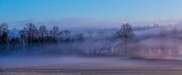 road, morning, trees, bridge, blue, sky