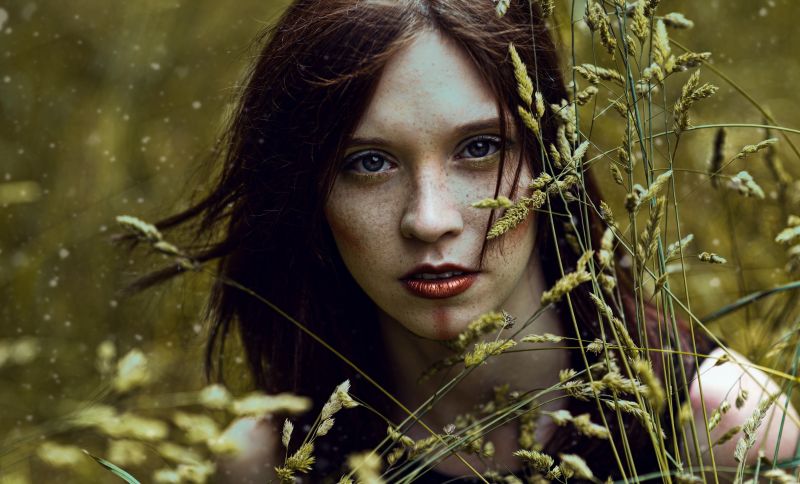 fiori, piante, viso, donne, modello, ritratto