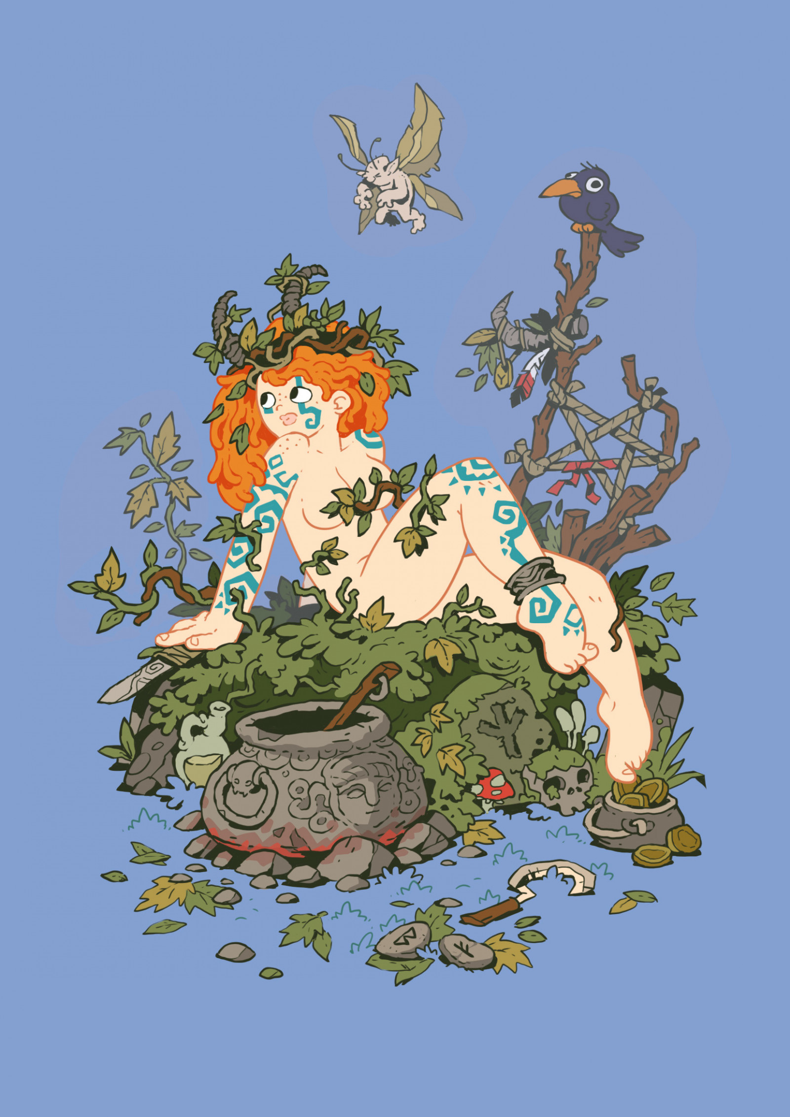 Krzysztof Maziarz, kobiety, obrazek, Niebieskim tle, rudowłosy, inked girls, Ptaki