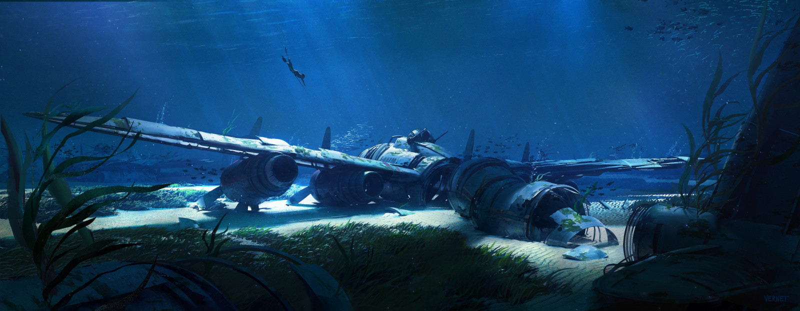 Yoan Vernet, hluboké moře, letadla, moře, pád, Ultrawide, Pod vodou, umělecká díla, ArtStation