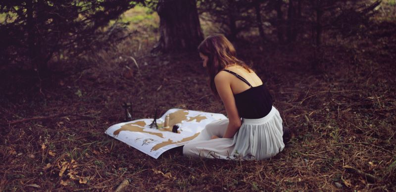 fotografie, Příroda, sedící, dívka, fotografování, tráva