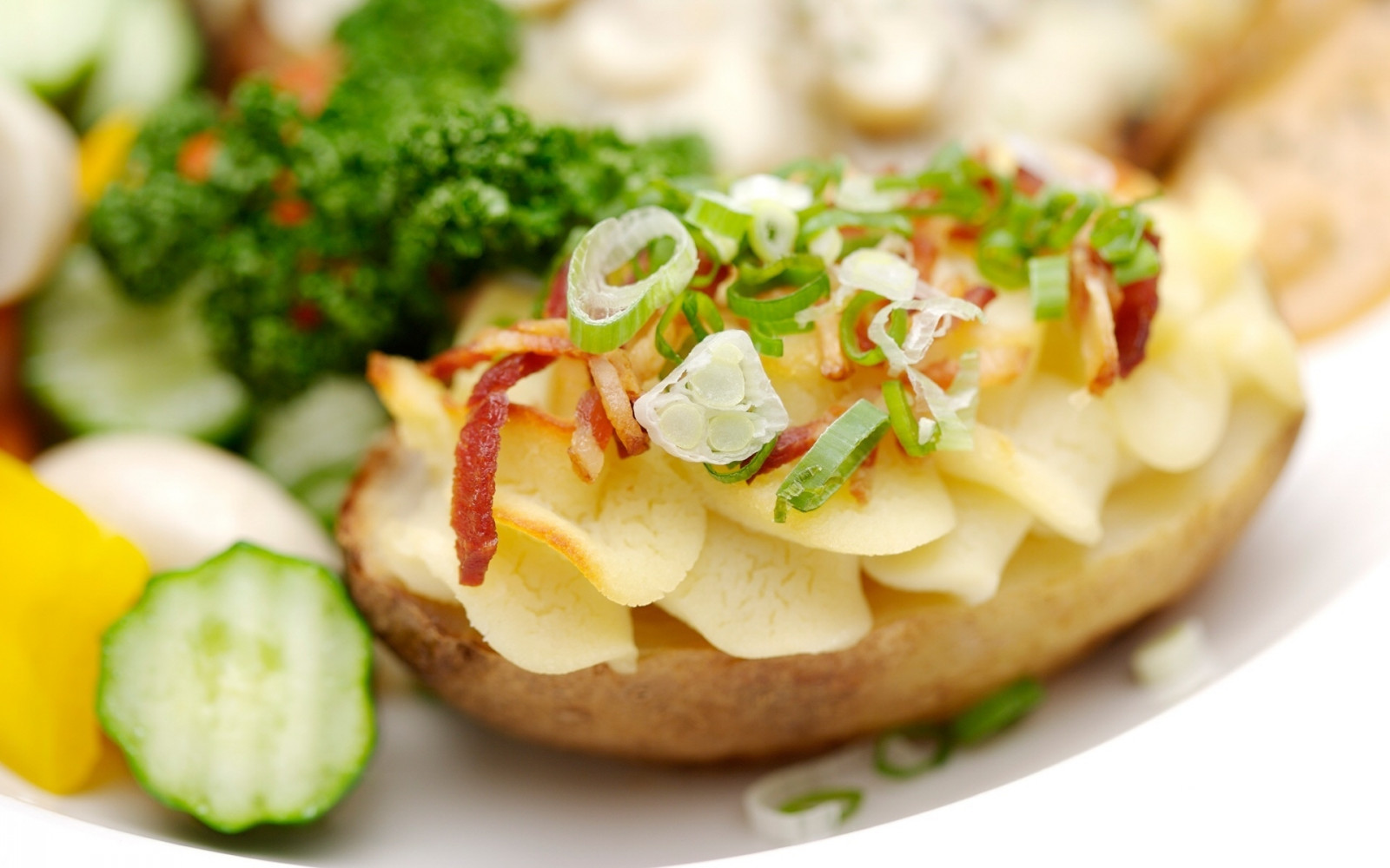 Wallpaper potatoes, Onions, greens, Cucumber, snack 1920x1200