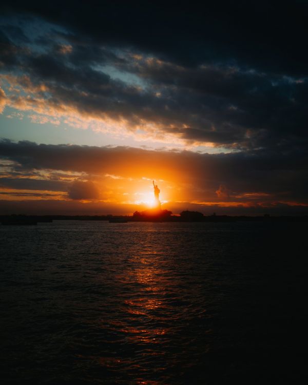 sunset,clouds,vertical,Statue of Liberty,river,New York City