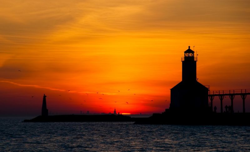 západ slunce, moře, svítání, večer, věž, ráno