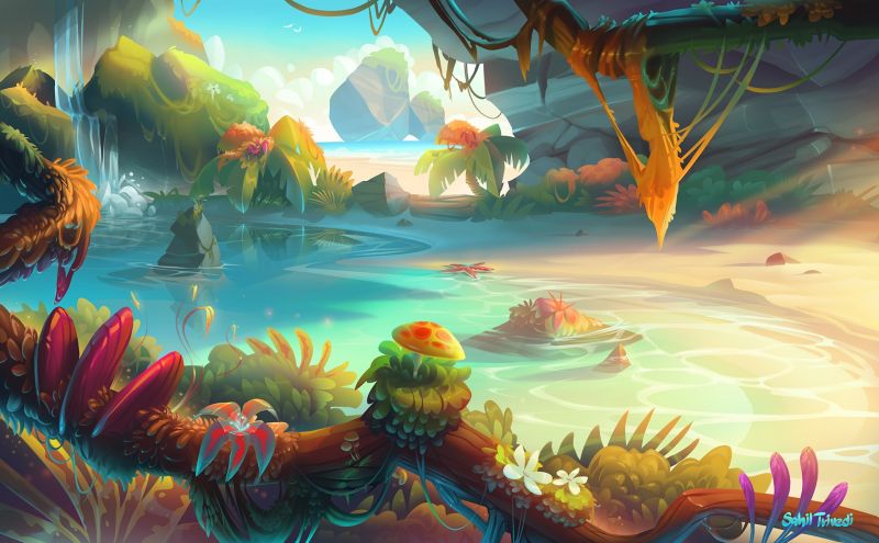 ilustrace, fantasy umění, západ slunce, krajina, voda, houba ilustrace, fantasy umění, západ slunce, krajina, voda, houba