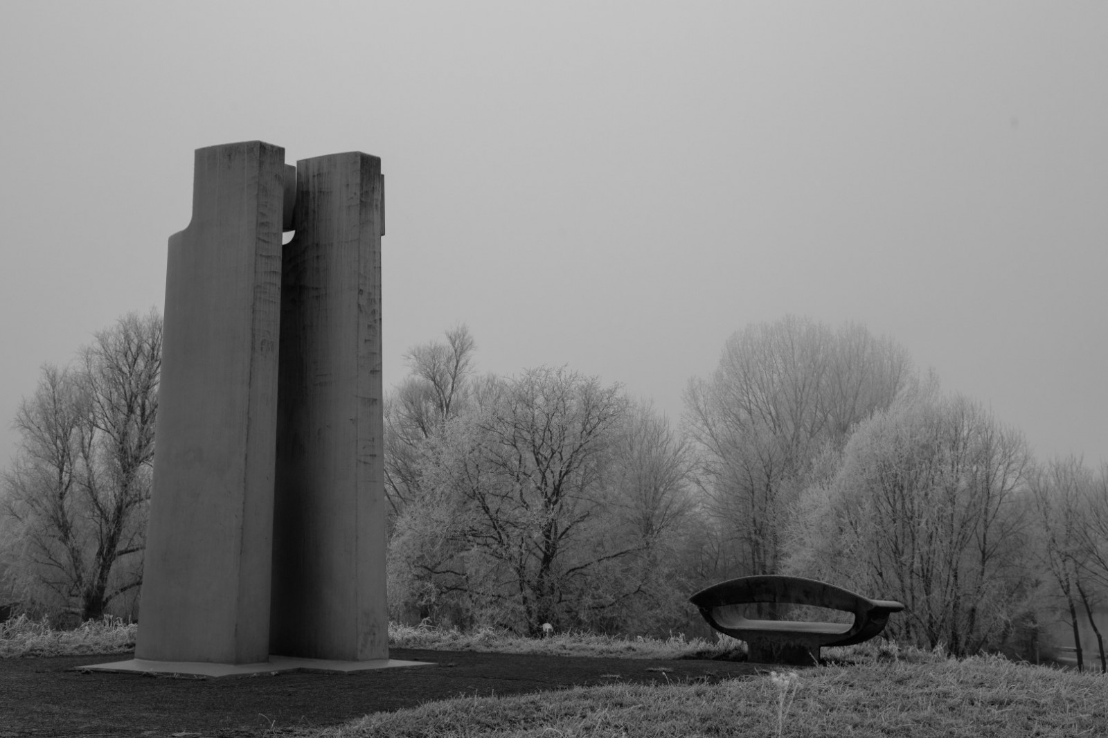 paesaggio, monocromo, cielo, inverno, freddo, mattina, nebbia, brina, panchina, Canone, Olanda, Banca, osservatorio, Congelamento, monumento, albero, nebbia, Noordholland, nl, 6d, Nederland, bianco e nero, fotografia in bianco e nero, Hoofddorp, Hanswesterink