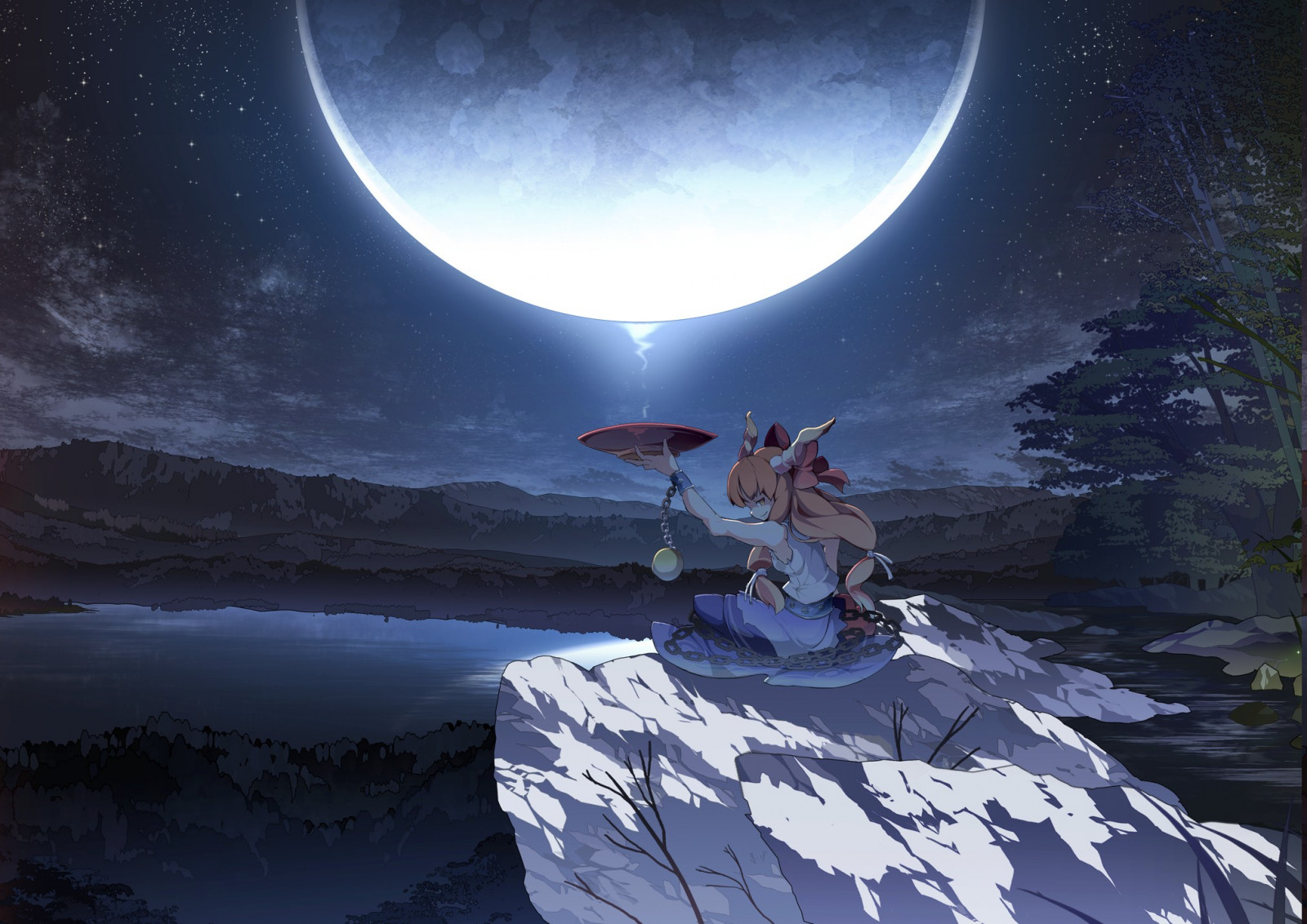 Videopelit, anime tytöt, planeetta, tila, Touhou, maa, Kuu, kuutamo, ilmapiiri, Ibuki Šuika, kuvakaappaus, taustakuva, ulkoavaruus, taivaankappale, geologinen ilmiö, 2024x1433 px