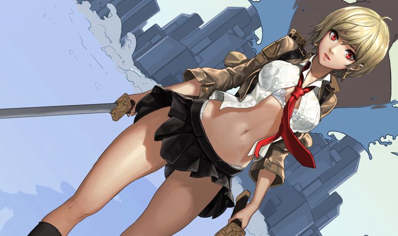 anime, Anime piger, røde øjne, sværd, cosplay, tegneserie anime, Anime piger, røde øjne, sværd, cosplay, tegneserie