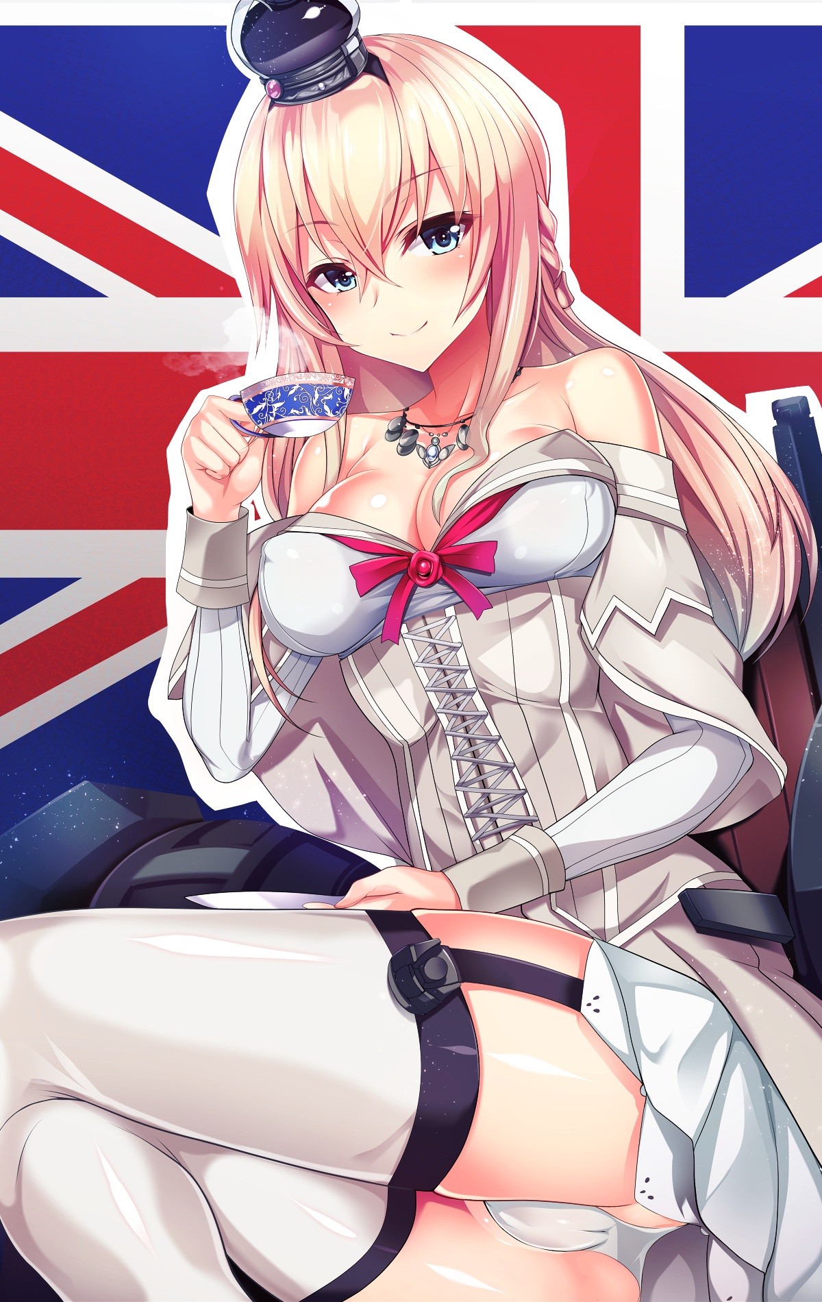illustration, blond, langt hår, anime, Anime piger, blå øjne, kunstværk, kjole, strømper, tegneserie, Kantai Collection, spaltning, åben skjorte, Warspite KanColle, Cameltoe, Union Jack, mangaka