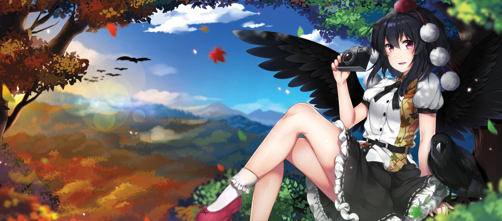 alberi, le foglie, uccelli, capelli lunghi, anime, anime girls, a piedi nudi, cielo, gambe, Ali, cappello, Touhou, macchina fotografica, capelli neri, occhi rossi, mitologia, Aya shameimaru, immagine dello schermo