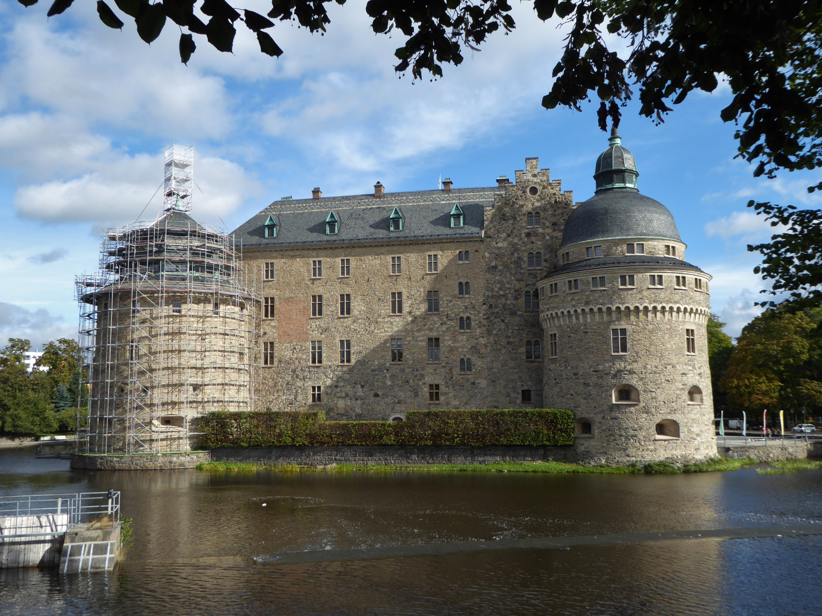 slunce, nebe, Orebro, se, slott, hrad, voda, odraz, stromy