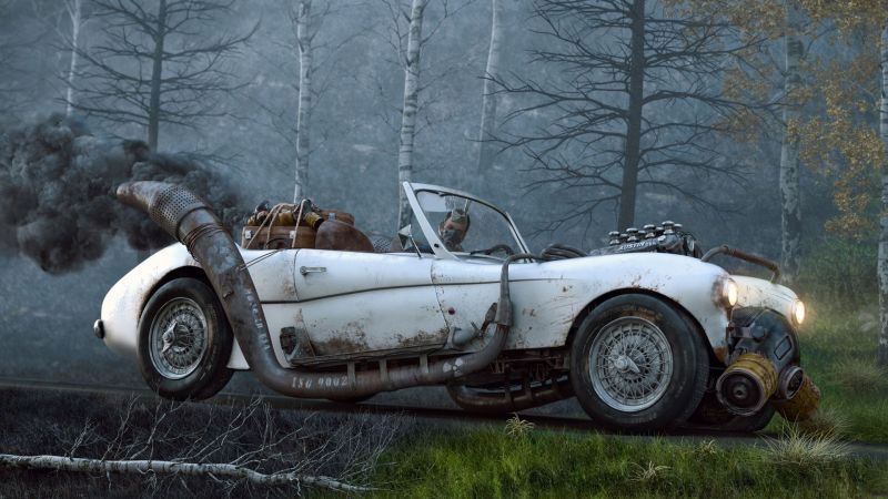 auto, veicolo, opera d'arte, fumo, arte digitale, auto bianche