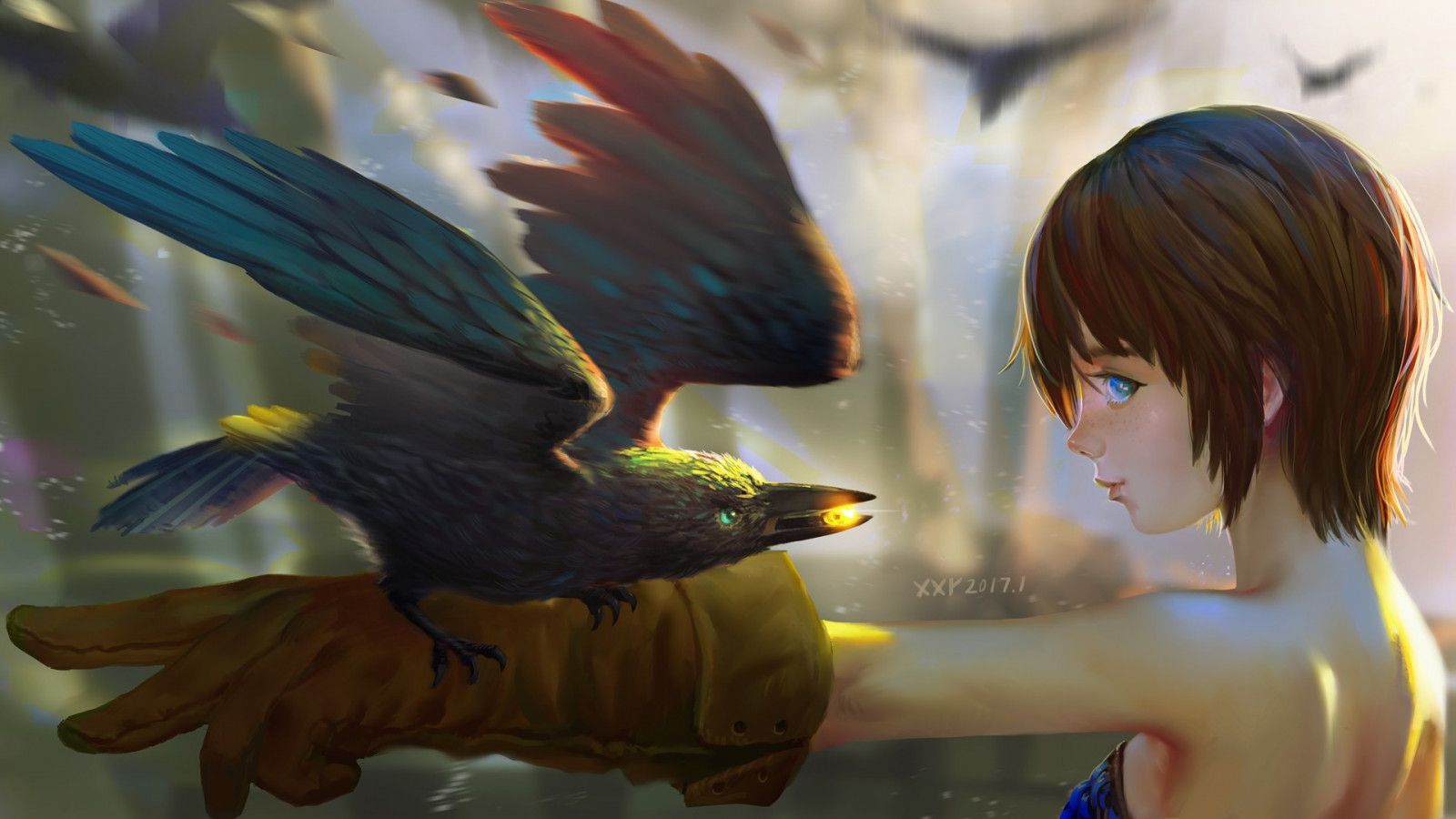 fantasy umění, ptactvo, při pohledu na diváka, digitální umění, Rong Xiong