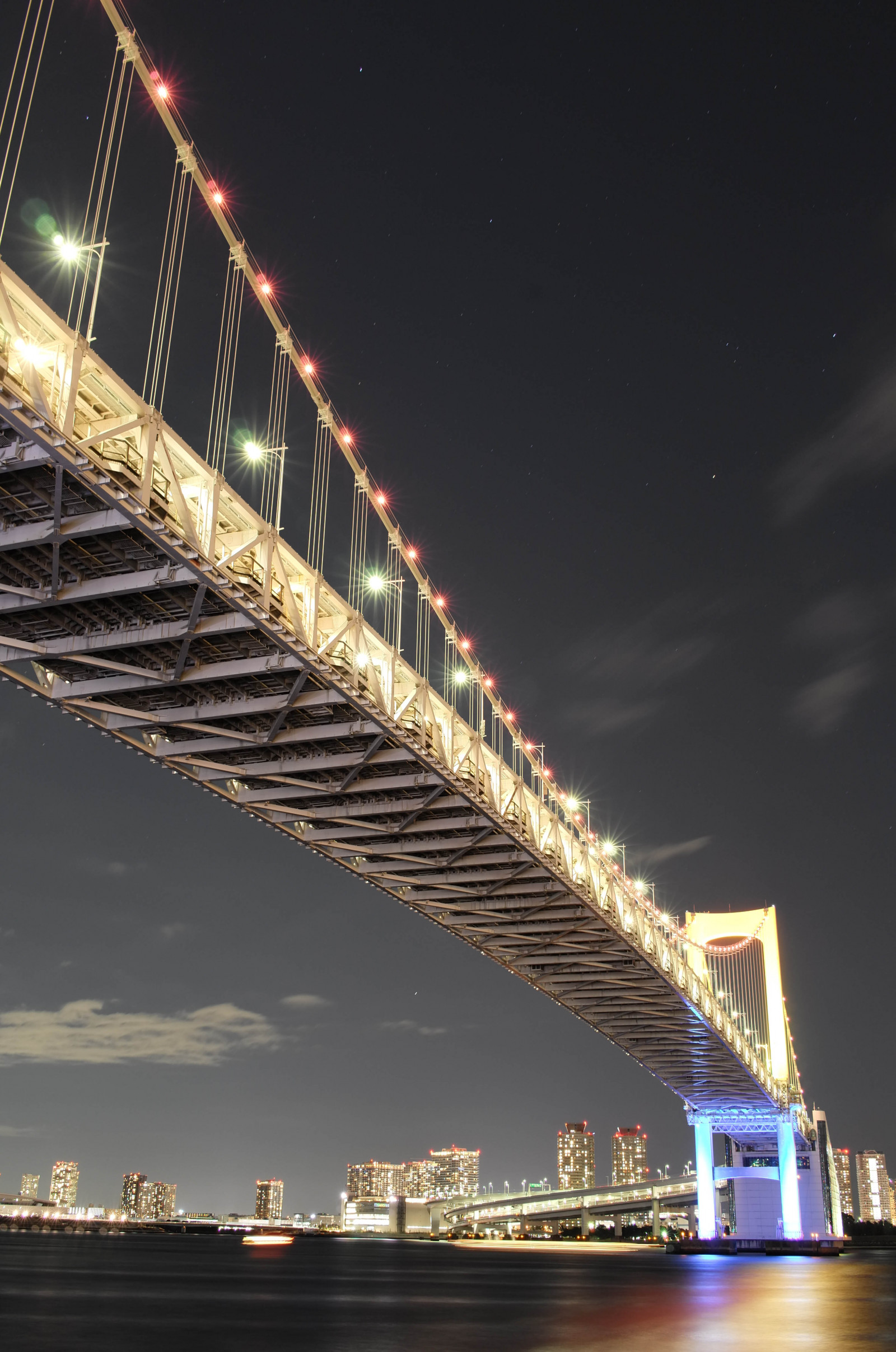 Japonsko, panoráma města, noc, architektura, odraz, panoráma, mrakodrap, most, soumrak, stadión, Leica, Tokio, jp, světlo, osvětlené, osvětlení, T, mezník, duhový most, tokyobay, leicat, summicront235, Summicron, t235, nonbuilding struktura, kabel vydržel most