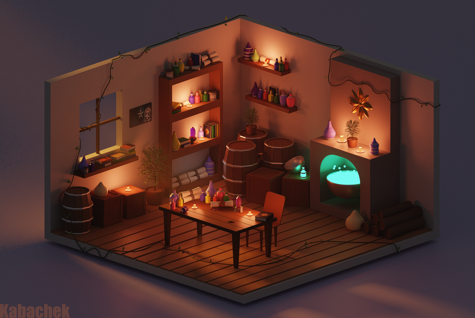 Kabachek, laboratoře, Mixér, Blesk, stůl, židle, lektvary, krabice, sudy, knihy, svíčky, 3D, digitální