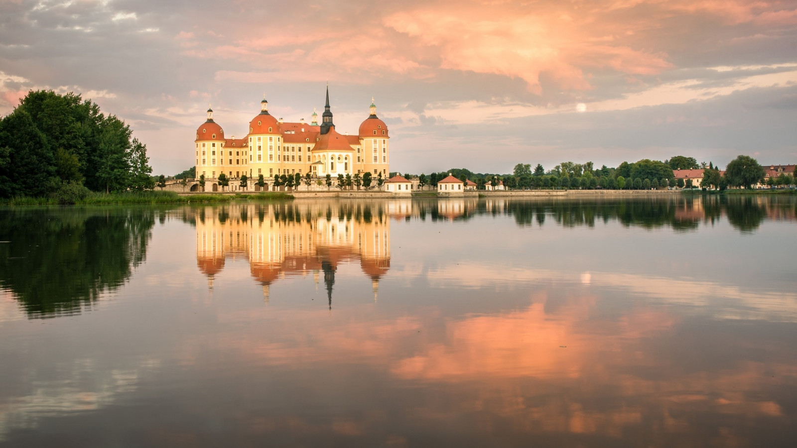 architecture, castle, old building, nature, moritzburg castle, lake, landscape, reflection, Dresden, Germany, water, trees, clouds